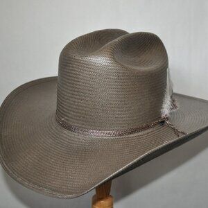 Classic Western Straw Rancher Hat in Taupe with Feather Trim
